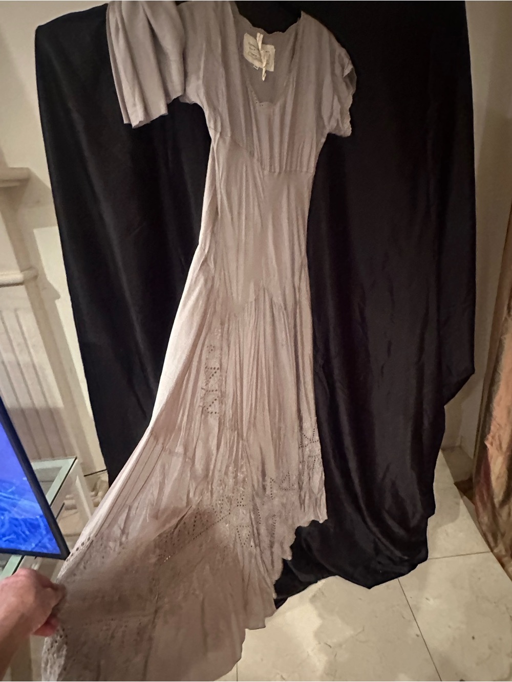 Johnny Was Light Gray Maxi Dress with Eyelet Panels, matching slip, 100% silk!